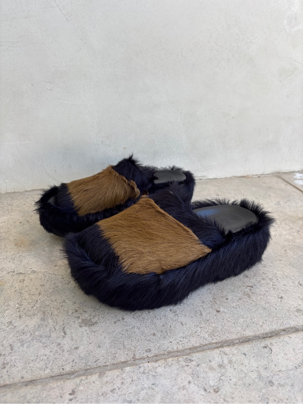 Marni Black and Brown Faux Fur Slide Mules